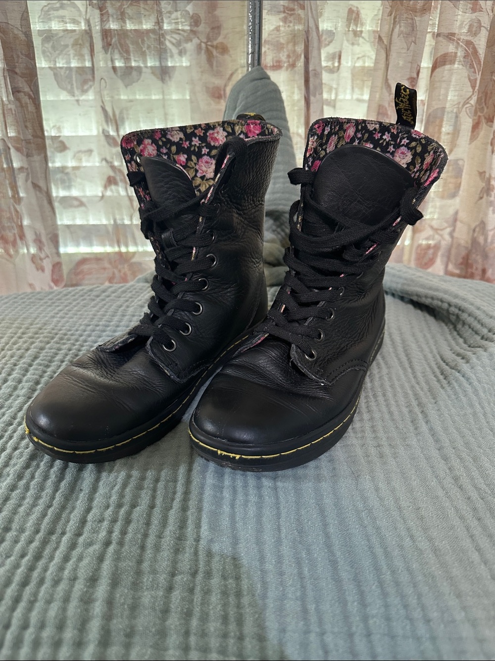 Dr. Martens Black Leather Lace-Up Boots with Pink Floral Lining